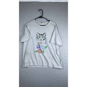 Vintage St. John's Bay Shirt Womens Size Gray Cat Floral Graphic 90s